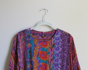 70s Tropical Print Dolman Sleeve Top M 38 Bust