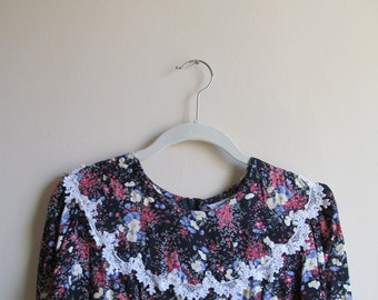 80er Jahre Floral Puff Sleeve Midi Kleid S 34 Büste 27 Taille