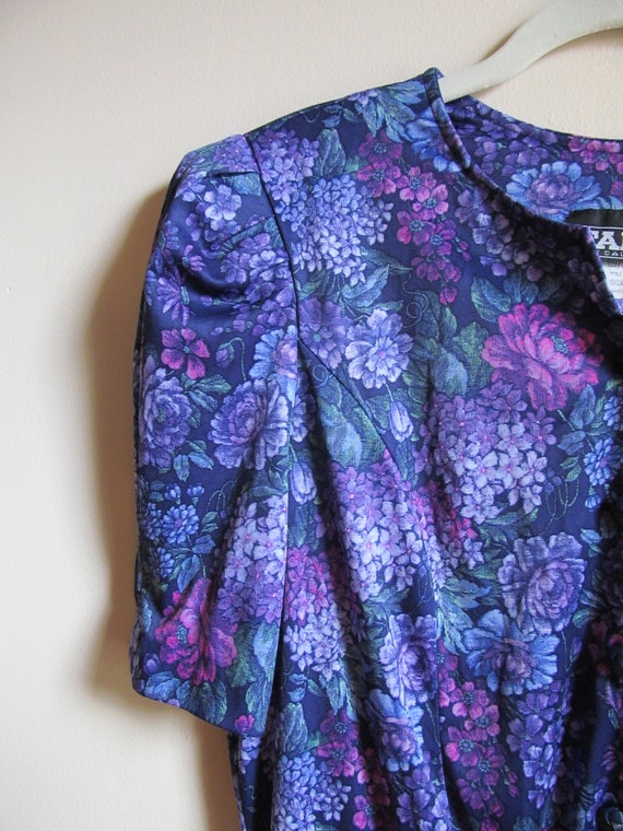 80s Purple Floral Dress Petite L XL 40 Bust - image 4