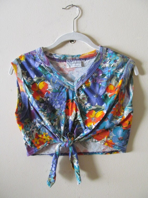 90s Tropical Tie Front Crop Top XS S 34 Bust