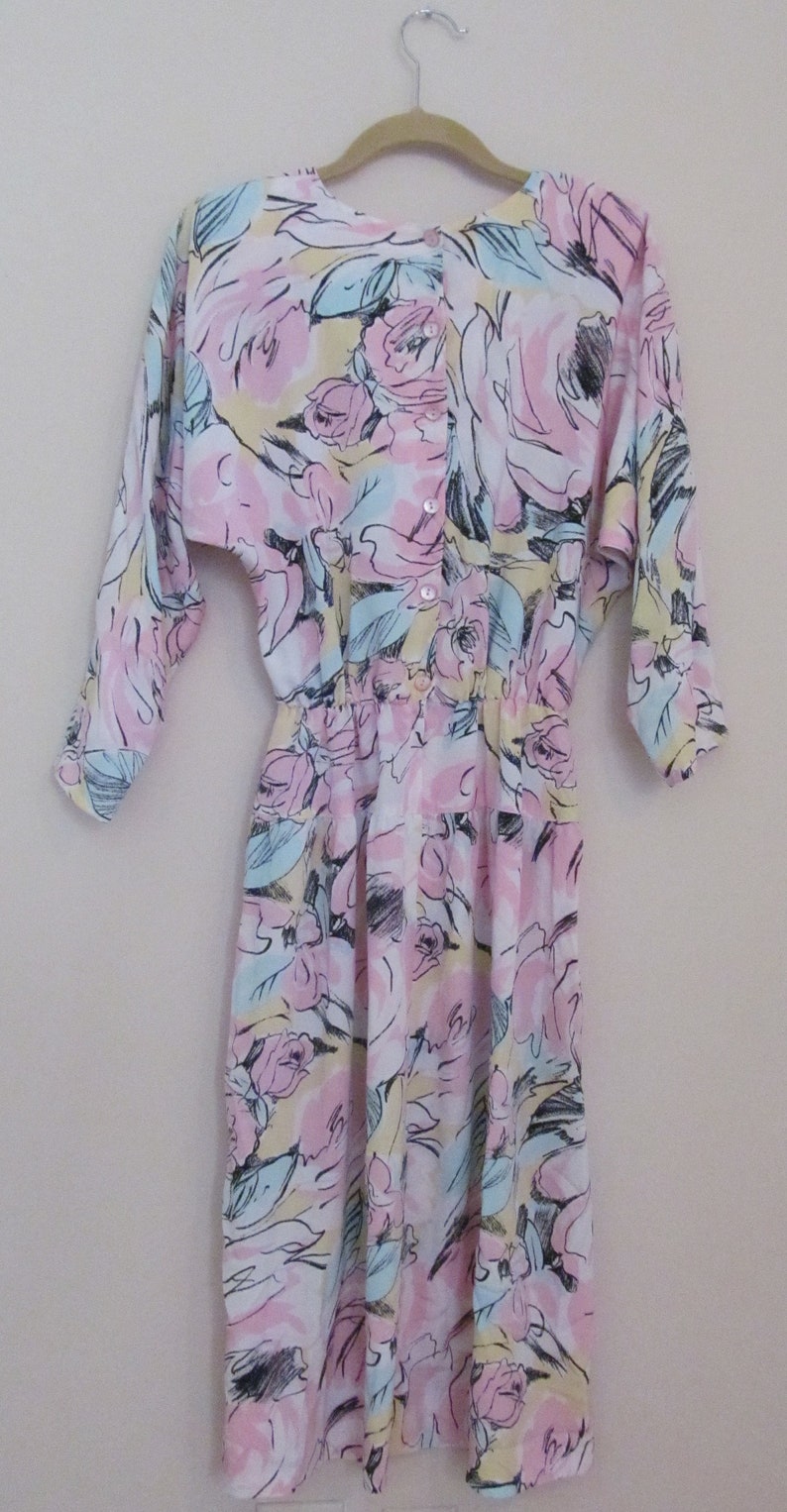 80s Floral Print Dolman Sleeve Dress M 38 Bust image 2