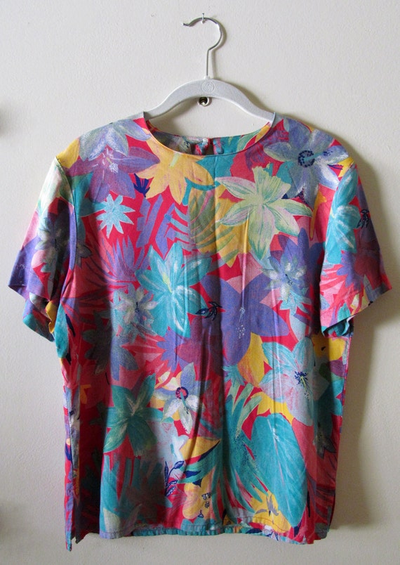 80s Tropical Print Top S M 38 Bust - image 2