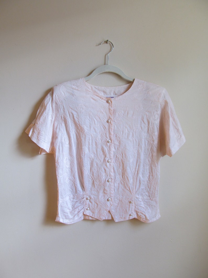 80s Pink Embroidered Blouse S 36 Bust image 1