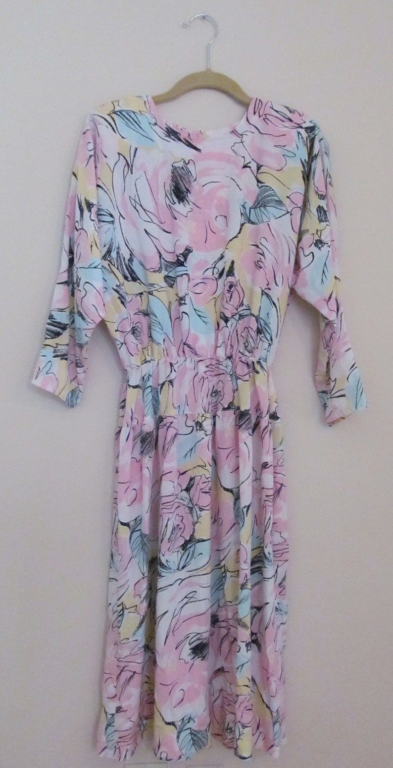 80s Floral Print Dolman Sleeve Dress M 38 Bust image 1