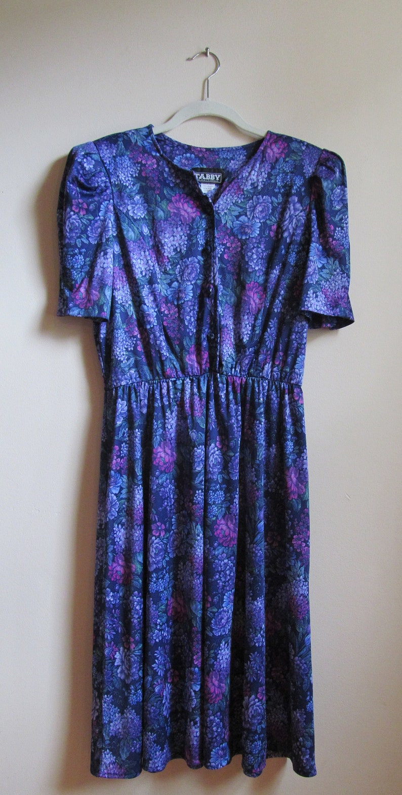 80s Purple Floral Dress Petite L XL 40 Bust image 1