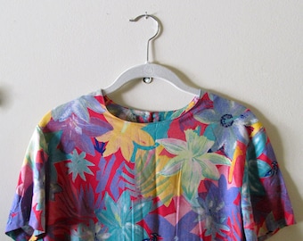 80s Tropical Print Top S M 38 Bust