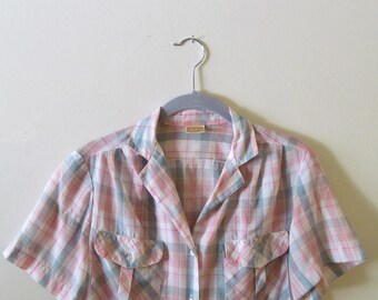 80s Pastel Plaid Blouse S M 36 Bust