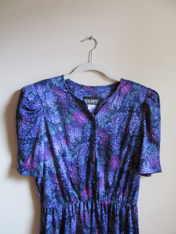 80s Purple Floral Dress Petite L XL 40 Bust - image 2