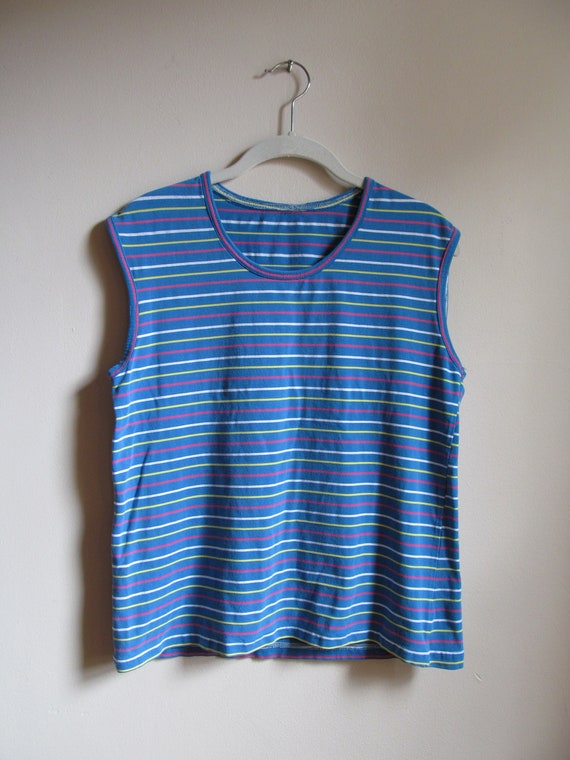 80s Colorful Striped Sleeveless Tee L 38 Bust - image 1