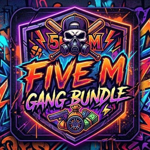 May include: A vibrant graphic design featuring the text "FIVE M GANG BUNDLE" in orange and purple. The design includes a skull wearing a cap and gas mask, baseball bats, a gun, money, and a bag of money with a car wheel.