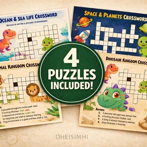 May include: Four crossword puzzle sheets featuring colorful cartoon illustrations of dinosaurs, animals, and space themes. Each sheet includes a grid, numbered clues, and a title such as Ocean & Sea Life, Space & Planets, or Dinosaur Kingdom.