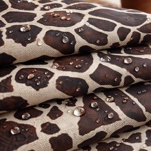 Może przedstawiać: Zbliżenie na złożoną tkaninę z nadrukiem żyrafy w odcieniach brązu i beżu. Widoczne są krople wody na powierzchni, co sugeruje wodoodporny materiał. Tkanina jest warstwowa, prezentując powtarzalny wzór.