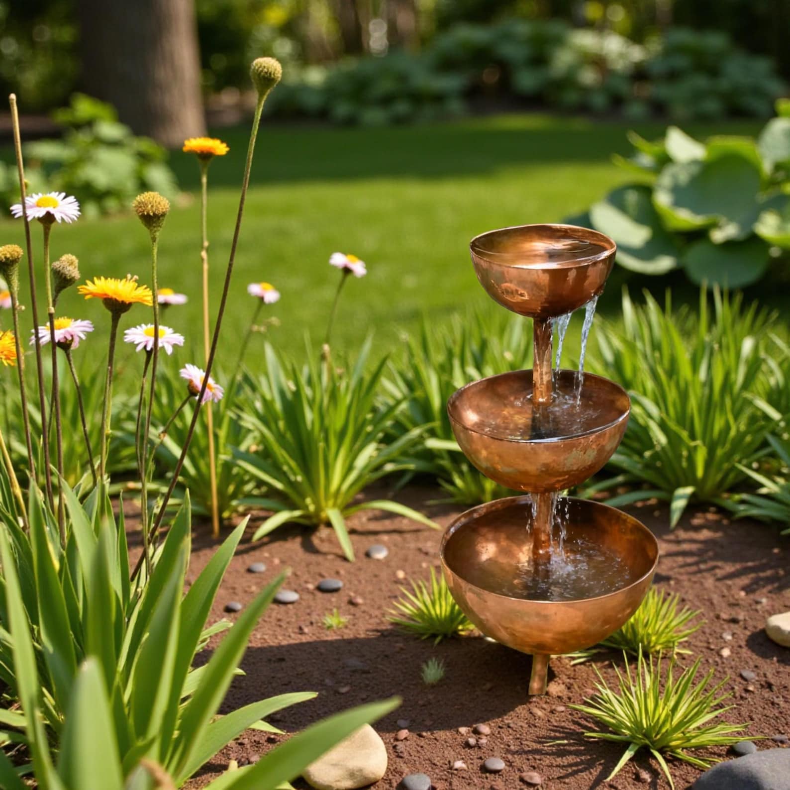 Rain Catcher Garden Stake 70cm – Rust Patina Metal Bird and Pollinator Water Bowl, Insect Waterer, Outdoor Yard & Flower Bed Decor