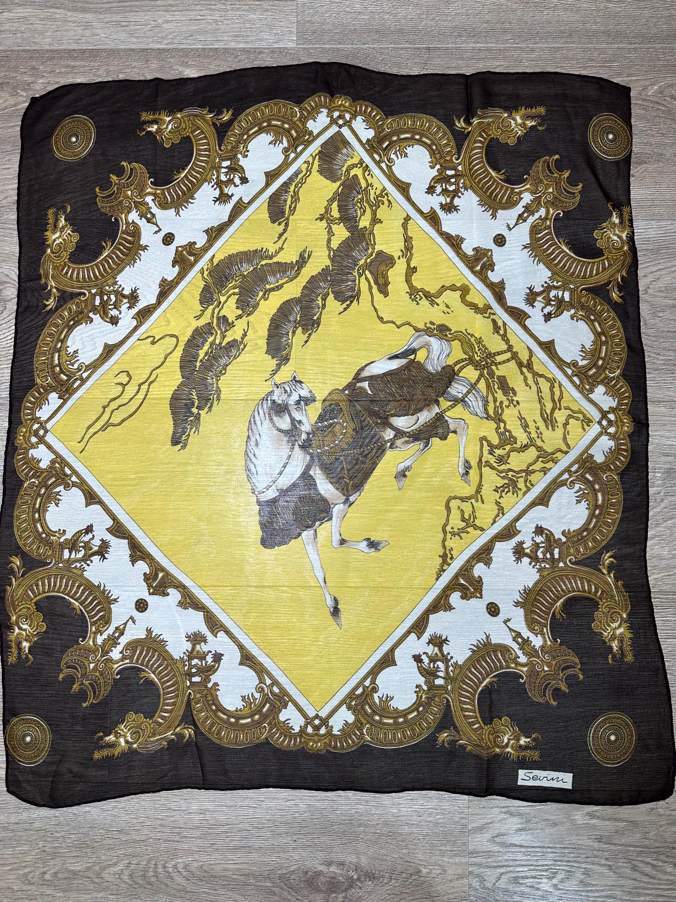 Foulard Vintage 100% Soie SEVINI - Dimensions 90x90 Cm - Couleur Marron - Occasion Très Bon état