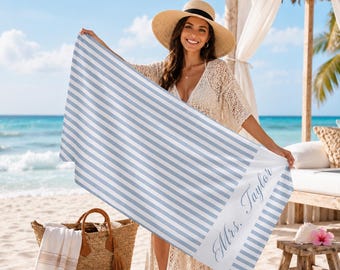 Personalized Bride Beach Towel, Custom Future Mrs Towel, Striped Bachelorette Towel, Honeymoon Gift, Bridal Shower Gift