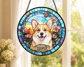 Personalized Dog Portrait Stained Glass Suncatcher, Custom Pet Memorial Stained Glass Photo Suncatcher, Dog Loss Keepsake, Pet Loss Gift