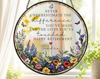 Stained Glass Retirement Suncatcher Personalized Floral Retirement Window Decor, Colleague Retirement Keepsake, Retired Coworker