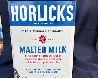 Vintage Horlicks Malted Milk Tin Metal Advertising Large 25 Pound Can with Lid