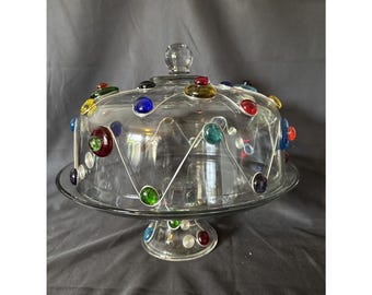 Hand Decorated Glass Cake Stand W/Dome Cloche Pedestal Gem And Scroll Design