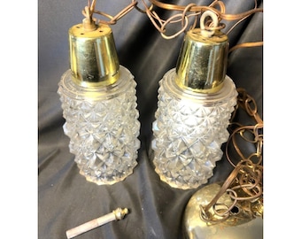 Vintage Double Pendant Ceiling Light Brass Plated Daisy Button Glass Hanging Fix