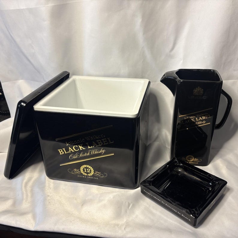 Vintage Johnnie Walker Black Label Ceramic Pitcher, Ice Bucket , Ashtray image 1