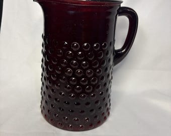 Anchor Hocking Hobnail Pitcher Dark Ruby Red Glass 8" Vintage