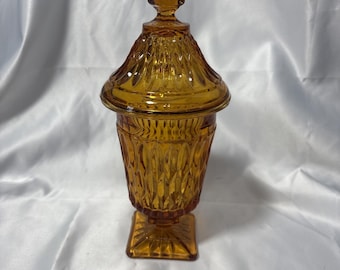 Indiana Glass Mt Vernon Amber Apothecary Jar Candy Dish w Lid  and Box Vintage