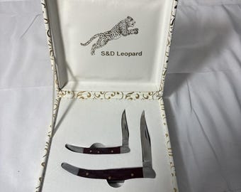 2 S & D Leopard Folding Pocket Knife's with Storage Box Stainless Steel Blade
