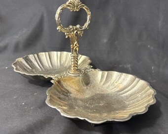 Vintage Silverplate Double Clam Shell Dish Caddy With Handle
