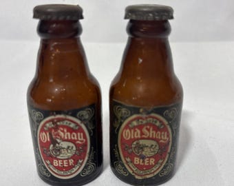 Paper label Old Shay Fort Pitt brown beer bottle Salt and Pepper Shakers