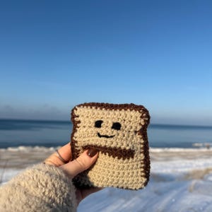 Puede incluir: Una rebanada de pan tostado de ganchillo con una cara sonriente y detalles marrones. El artículo hecho a mano se sostiene contra un telón de fondo de cielo azul, suelo cubierto de nieve y una masa de agua.