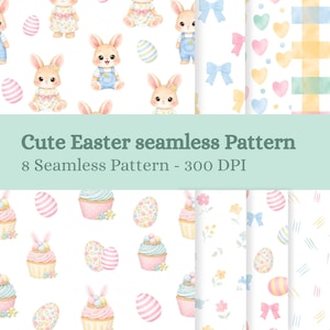 Peut inclure: Huit motifs de Pâques sans couture avec des lapins, des œufs de Pâques, des cupcakes et des nœuds aux couleurs pastel. Le texte indique "Cute Easter seamless Pattern" et "8 Seamless Pattern - 300 DPI".