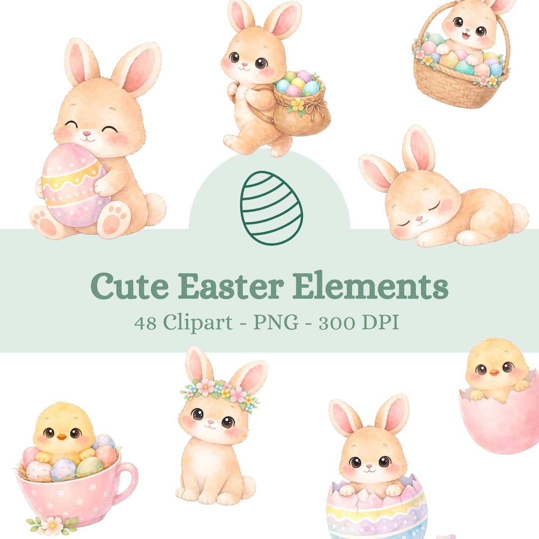 Watercolor Easter Clipart Bundle | 48 Cute PNG Bunny Chicks Eggs Basket ...