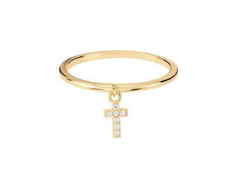 Cross Charm Ring - Diamond Cross Ring - 925 Sterling Silver Ring - 14K Gold Finish Ring - Dainty Stacking Ring - Gift for Her