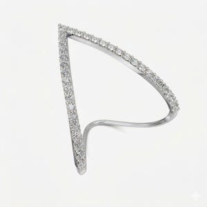 May include: A silver-toned ring with a unique, open design. The ring features a V-shape and a curved band, both encrusted with small, sparkling clear stones. The stones are evenly spaced, creating a continuous line of brilliance.