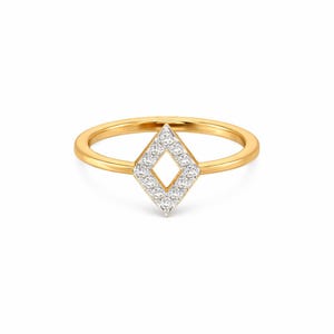 May include: A gold ring with a diamond-shaped centerpiece. The centerpiece is filled with small, round, white gemstones. The band of the ring is a thin, polished gold. The ring is set against a white background.