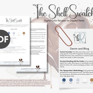 Muestra de color Shell: "Denim y brillo" / Recetas de Color Mill para chocolate blanco / Fórmulas personalizadas de índigo, azul real y plata / Guía digital