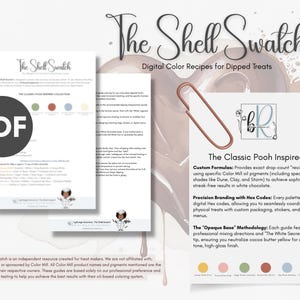 Puede incluir: Una imagen de la guía digital "The Shell Swatch" para dulces bañados, con recetas y paletas de colores. La imagen incluye un icono PDF, un clip y texto que detalla fórmulas personalizadas, códigos hexadecimales y la metodología "Opaque Base" para la elaboración de dulces.