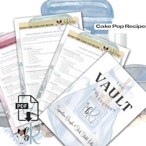 May include: Several sheets of paper displaying cake pop recipes, including a signature cake pop recipe. The image includes a PDF icon, a whisk, a mortar and pestle, and the text "Cake Pop Recipes."