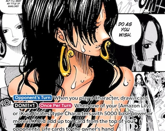May include: A trading card featuring Boa Hancock from the anime series One Piece. The card depicts a detailed illustration of the character with long black hair, gold earrings, and text bubbles. The card has a 4 life rating.