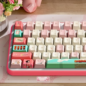 Könnte beinhalten: Eine mechanische Tastatur mit einem rosa Rahmen und einem individuellen Tastenkappen-Set in Pastellrosa und Cremetönen. Mehrere Tasten zeigen einzigartige Illustrationen, darunter einen Zug, eine Figur und florale Motive. Die Leertaste zeigt eine Landschaft.