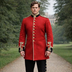 May include: A red military-style jacket with gold buttons and trim. The jacket has long sleeves with decorative cuffs and is paired with black pants. The jacket is worn by a person standing on a path lined with trees.