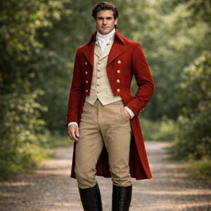 Regency tijdperk rode wollen slipjas herenjas - Jane Austen & Mr Darcy geïnspireerd regentschap militaire jas, historische herenkostuum kostuumoutfit