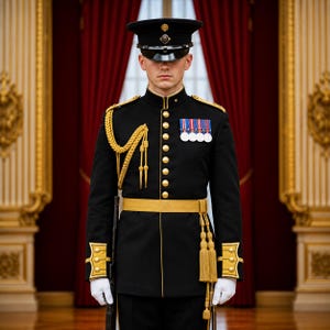 May include: A person in a black military uniform with gold accents, a black hat, and white gloves. The uniform features gold buttons, a gold belt, and decorative gold tassels. Medals are pinned on the chest. The background includes red curtains and ornate gold trim.