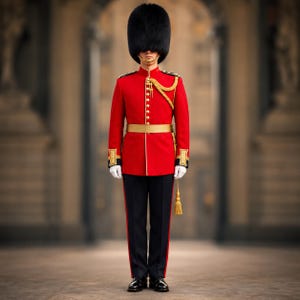 May include: A British Royal Guard in a red tunic, black trousers with a red stripe, and a tall black bearskin hat. The uniform includes a gold belt, epaulettes, and a tassel. White gloves and black shoes complete the formal attire.