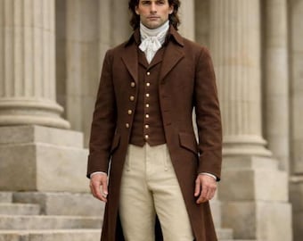 Men’s Regency Era Tailcoat Costume – 18th Century Georgian Brown Long Coat Outfit Inspired by Jane Austen & British Aristocratic Fashion