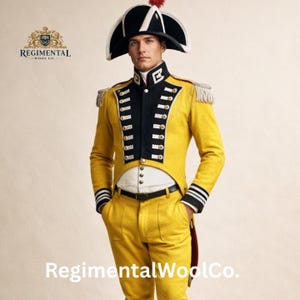 May include: A yellow military uniform with black and white accents. The jacket has a high collar, epaulettes, and decorative buttons. The matching pants and a bicorne hat complete the ensemble. The text "RegimentalWoolCo." is visible.
