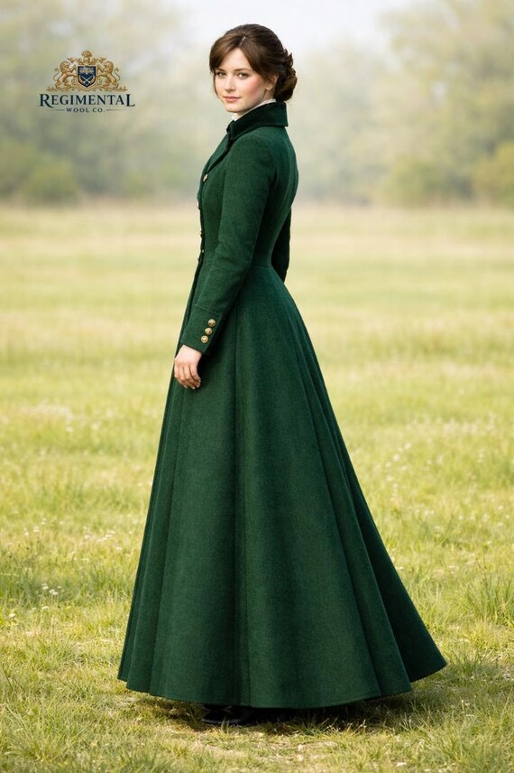 Regency Victorian Green Wool Coat for Women | Military Style