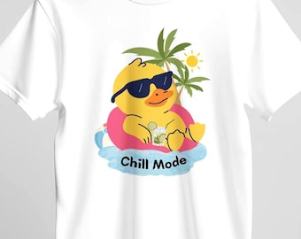 Camiseta Chill Mode com Pato Divertido – Camiseta de Verão para Homens e Mulheres – Presente Ideal para Férias na Praia e Piscina – Camiseta Divertida com Pato