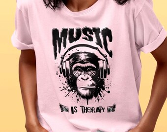 Muziek is therapie T-shirt – Aap met koptelefoon – Muziekshirt voor muziekliefhebbers – DJ-shirt – Cadeau voor muziekfans